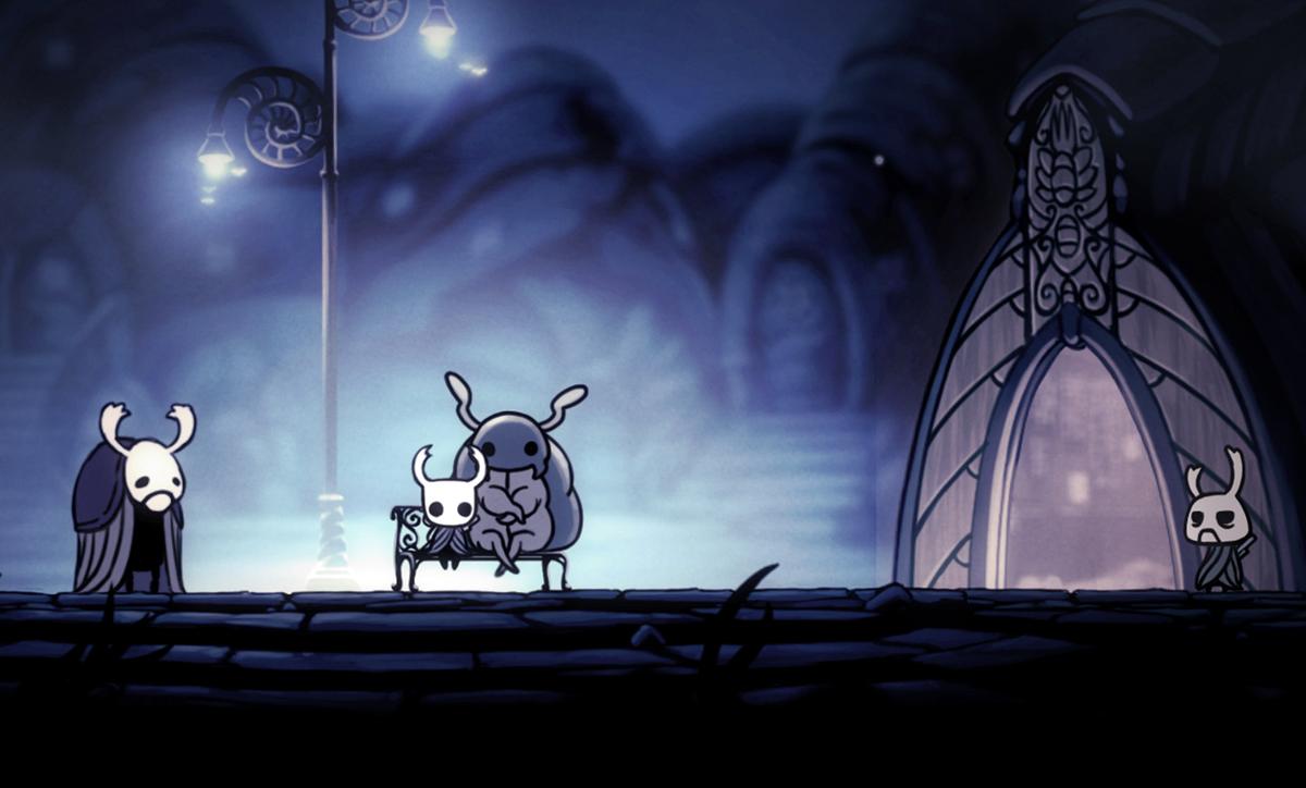 The Knight resting on a bench in Dirtmouth, under a lamp post, with other travellers nearby.